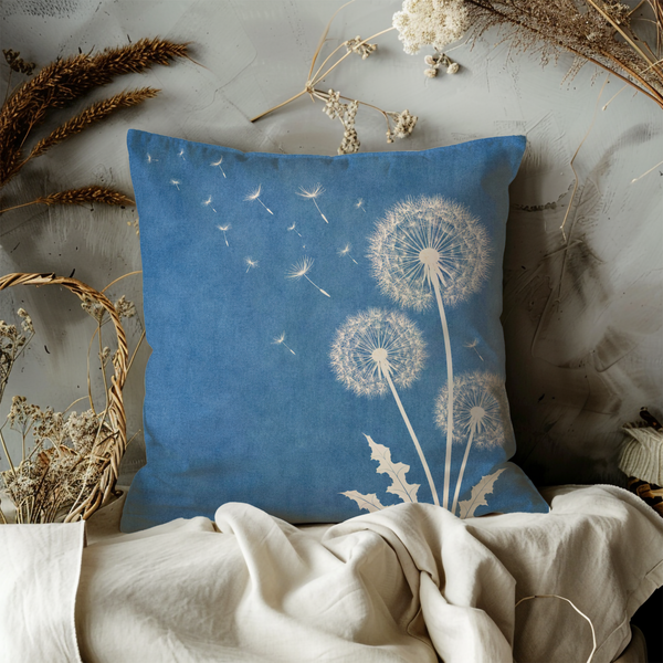 Blue Dandelion Pillow Cover – Delicate Seed Head Art | Soft Nature Decor