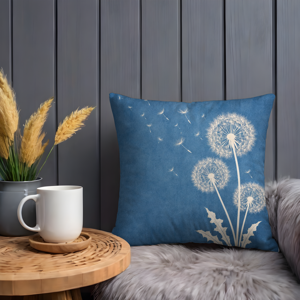 Blue Dandelion Pillow Cover | Delicate Seed Head Art | Soft Nature Decor