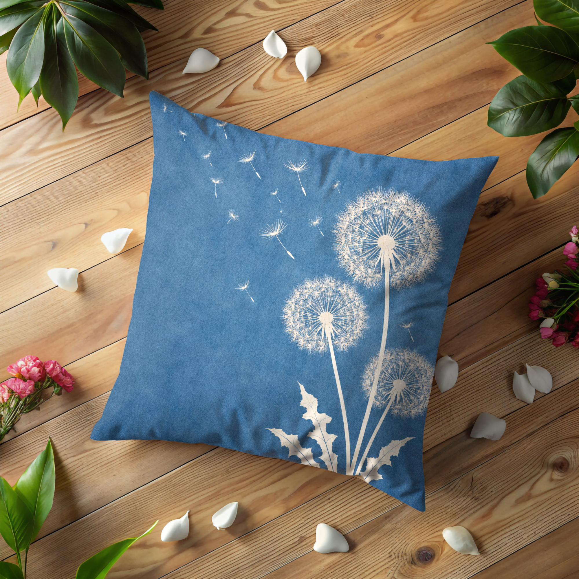 Blue Dandelion Pillow Cover | Delicate Seed Head Art | Soft Nature Decor