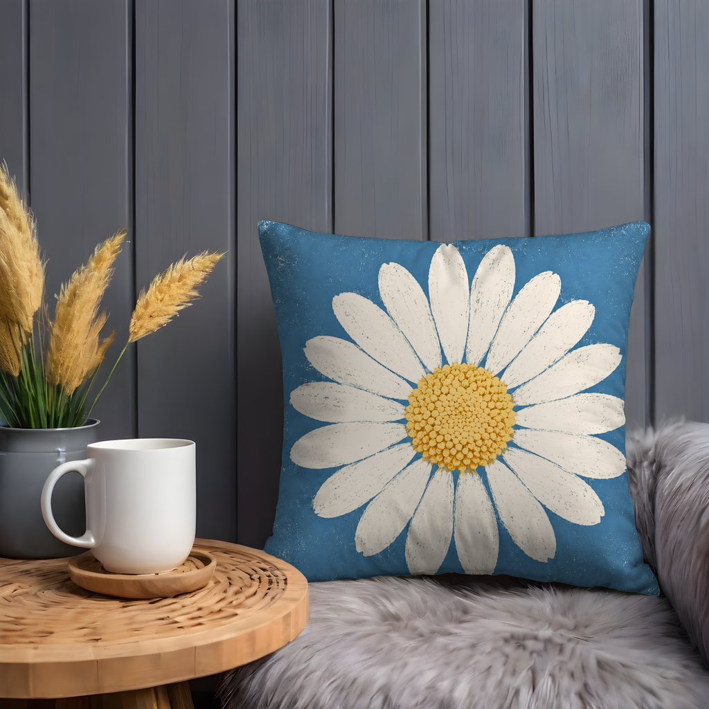 White Daisy Pillow Cover | Blue Floral Art | Minimalist Decor