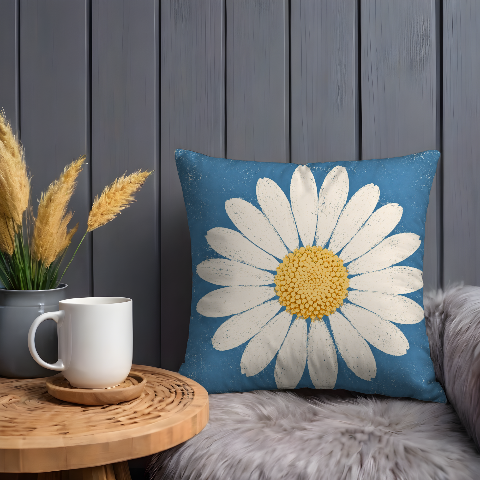 White Daisy Pillow Cover | Blue Floral Art | Minimalist Decor