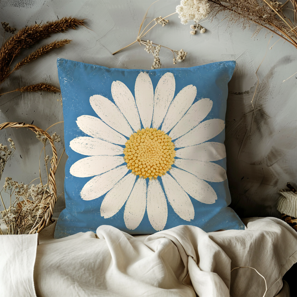 White Daisy Pillow Cover | Blue Floral Art | Minimalist Decor
