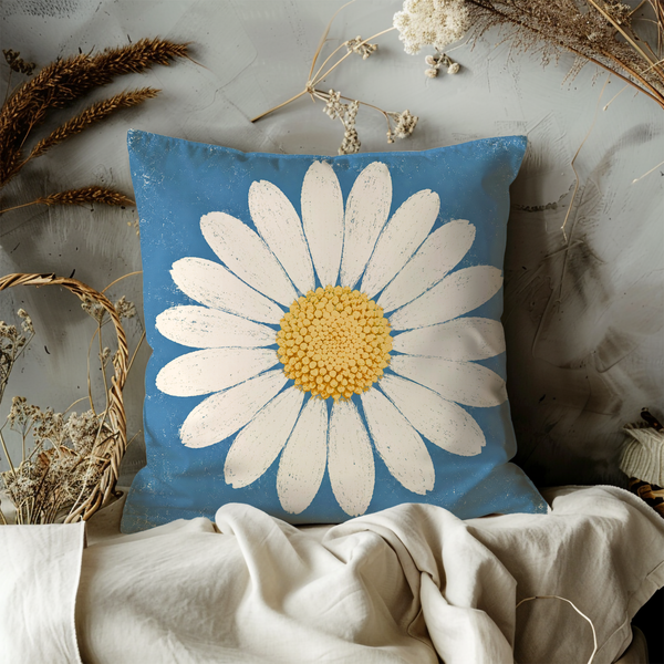 White Daisy Pillow Cover – Blue Floral Art | Minimalist Decor