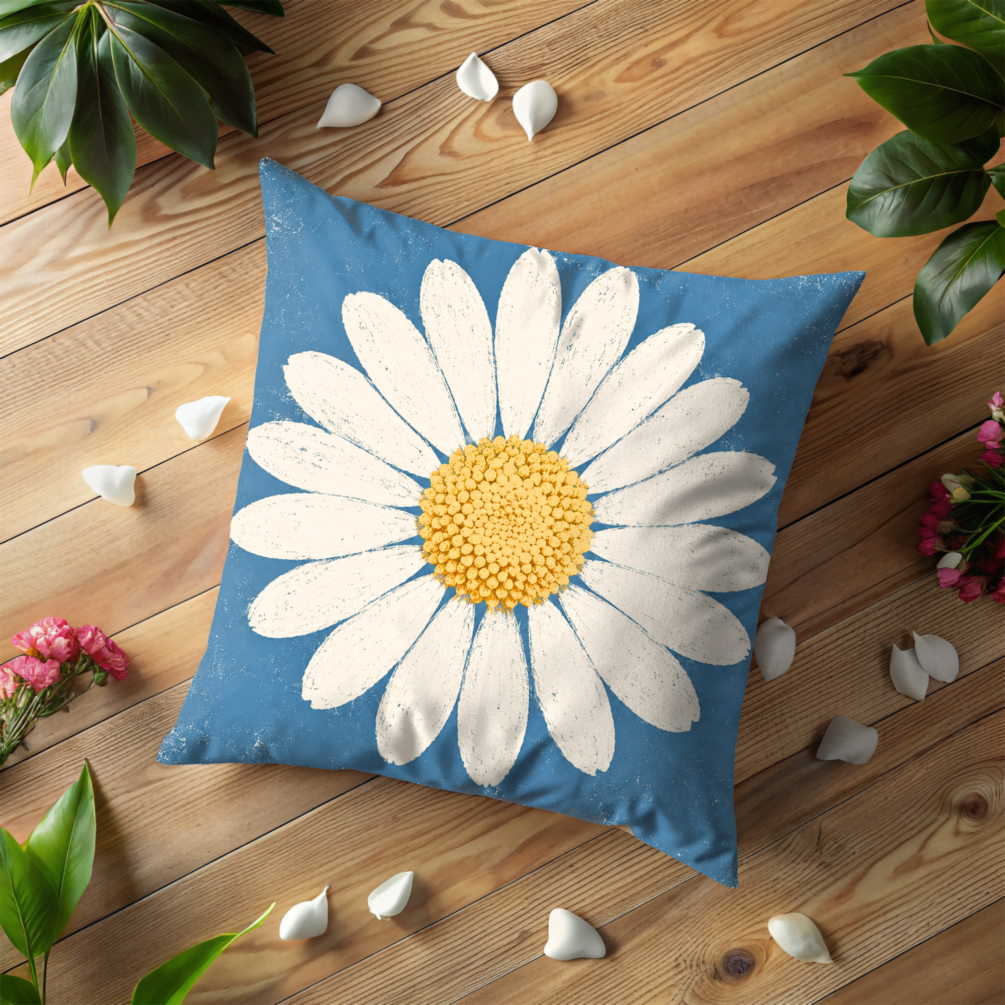 White Daisy Pillow Cover | Blue Floral Art | Minimalist Decor