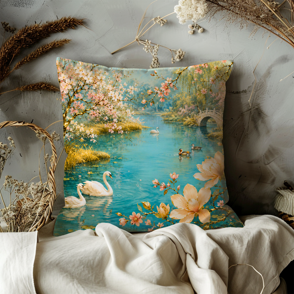 Swan Lake Blossom Pillow Cover – Serene Oriental Art | Luxe Nature Decor