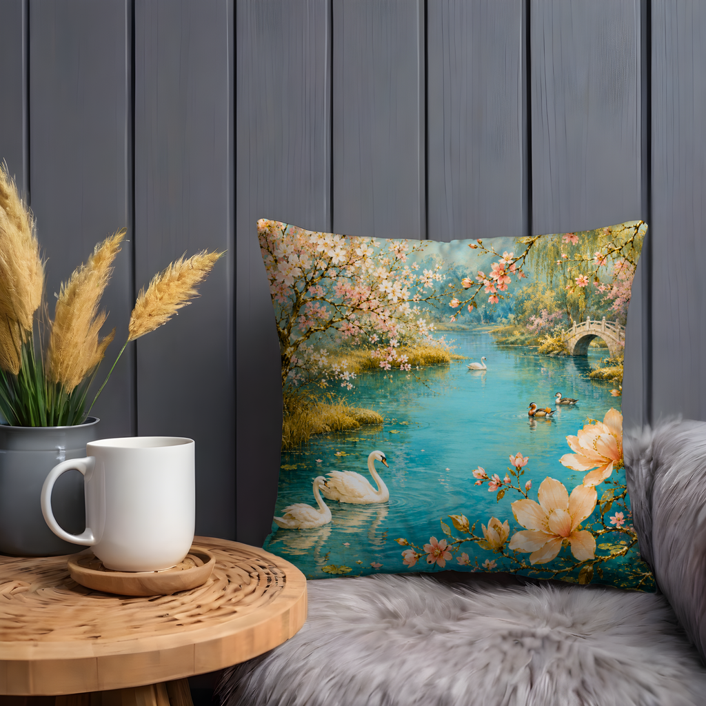 Swan Lake Blossom Pillow Cover | Serene Oriental Art | Luxe Nature Decor