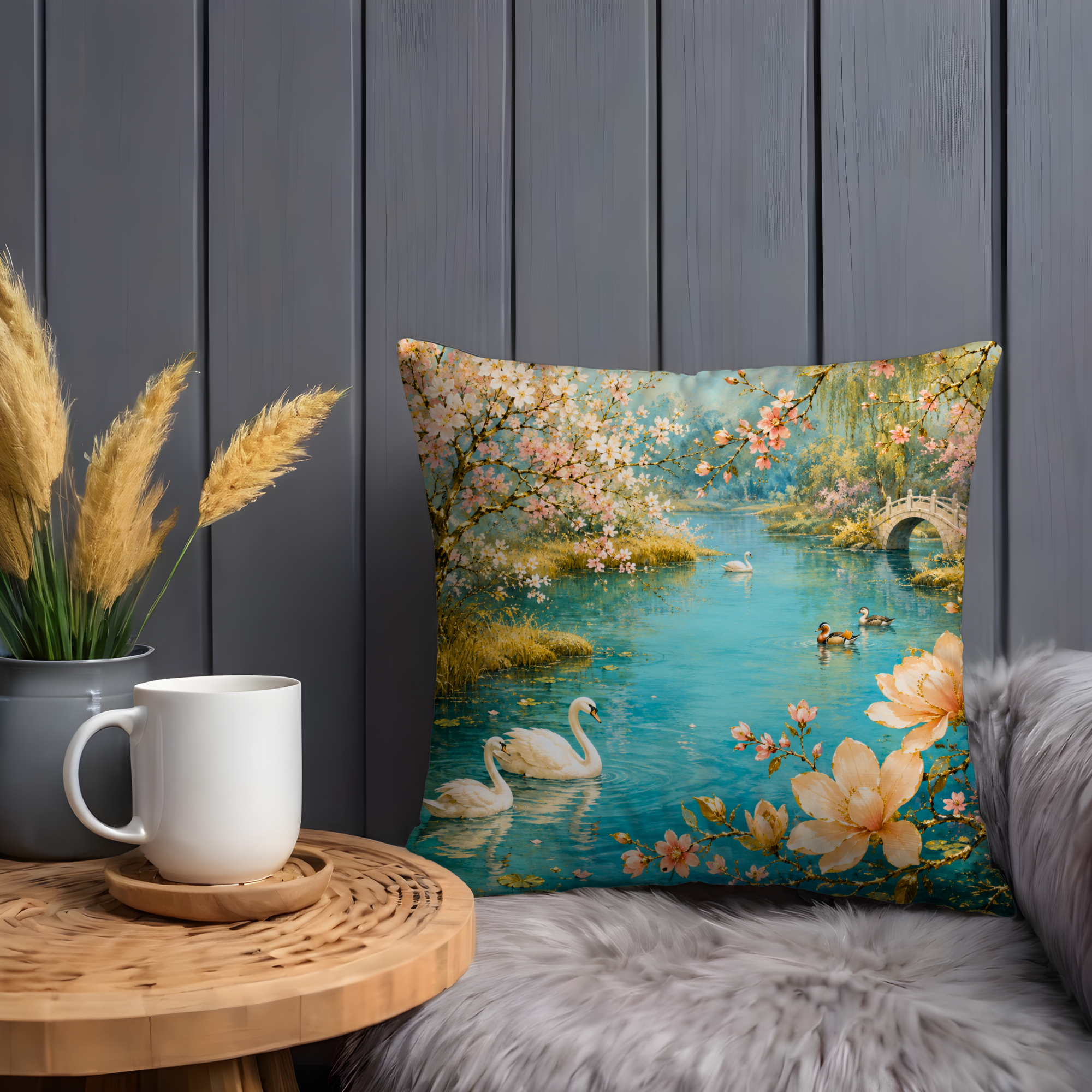 Swan Lake Blossom Pillow Cover | Serene Oriental Art | Luxe Nature Decor