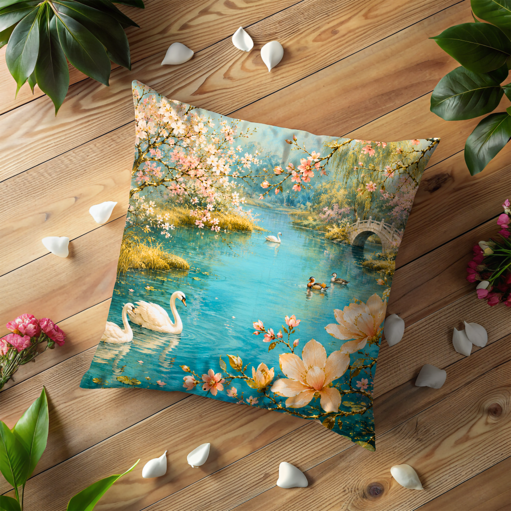 Swan Lake Blossom Pillow Cover | Serene Oriental Art | Luxe Nature Decor
