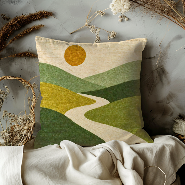 Green Hills Sunset Pillow Cover – Serene Landscape Art | Neutral Boho Decor