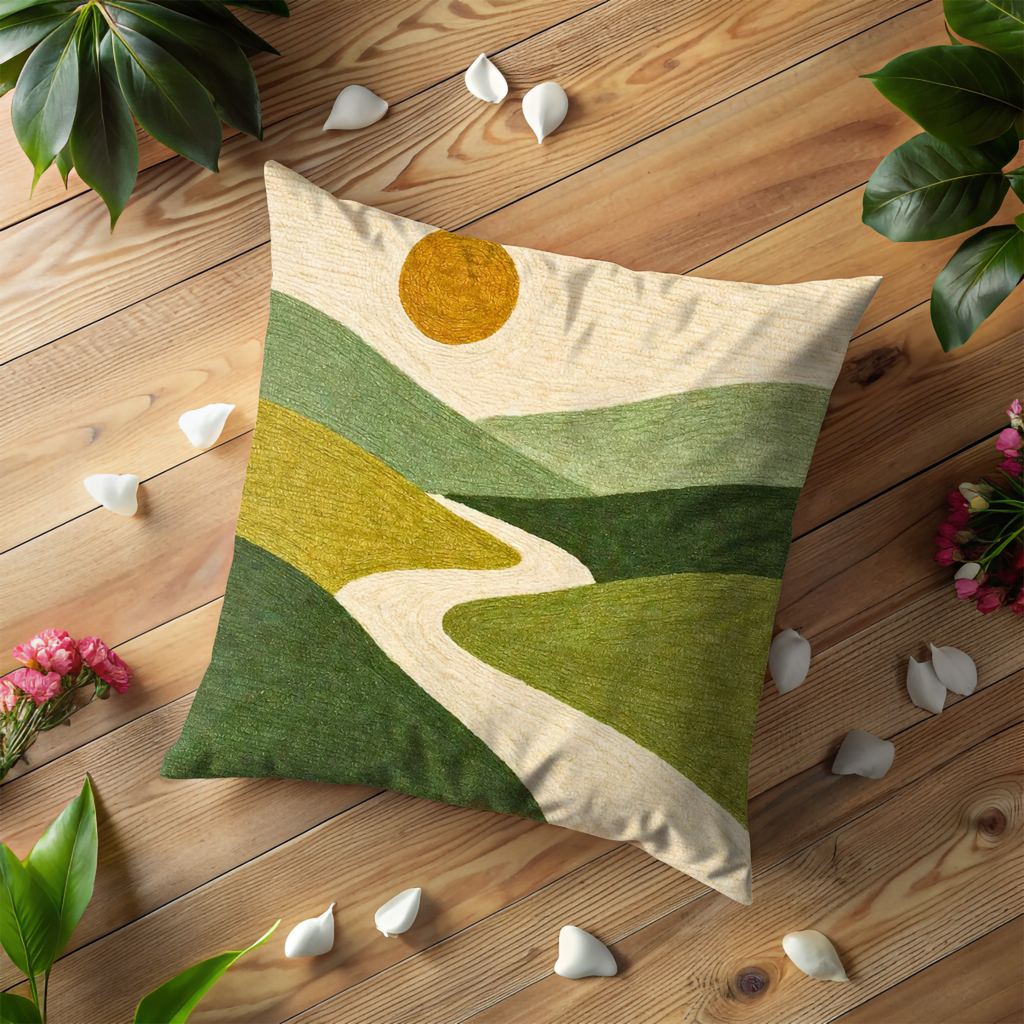 Green Hills Sunset Pillow Cover | Serene Landscape Art | Neutral Boho Decor