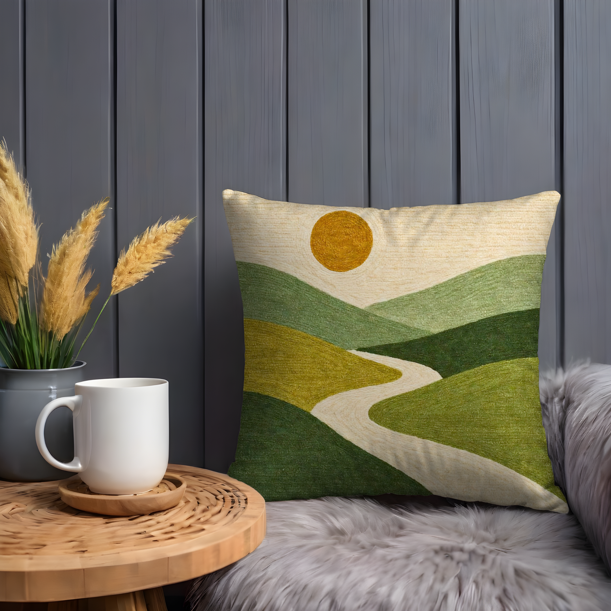Green Hills Sunset Pillow Cover | Serene Landscape Art | Neutral Boho Decor