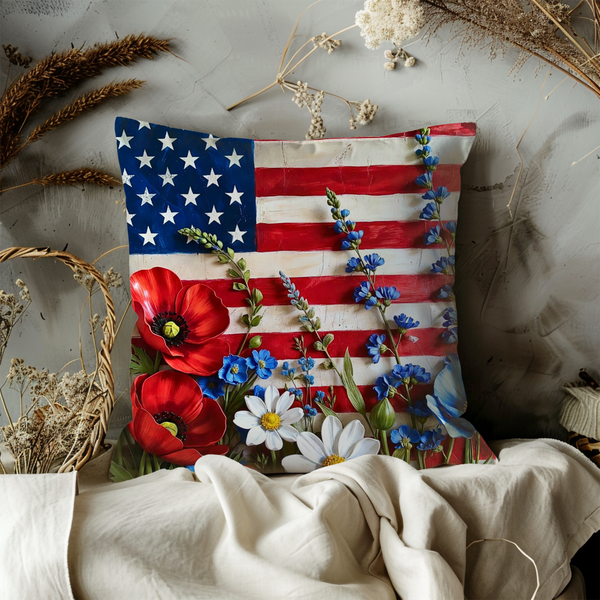 American Flag Flowers Pillow Cover – Patriotic Floral Art | Bold Decor
