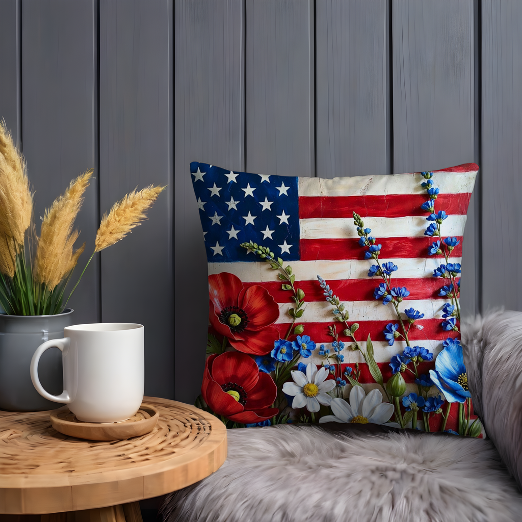 American Flag Flowers Pillow Cover | Patriotic Floral Art | Bold Decor