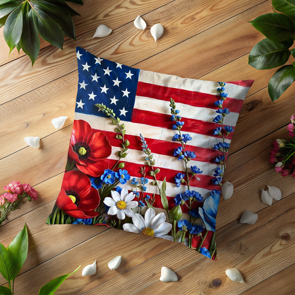 American Flag Flowers Pillow Cover | Patriotic Floral Art | Bold Decor