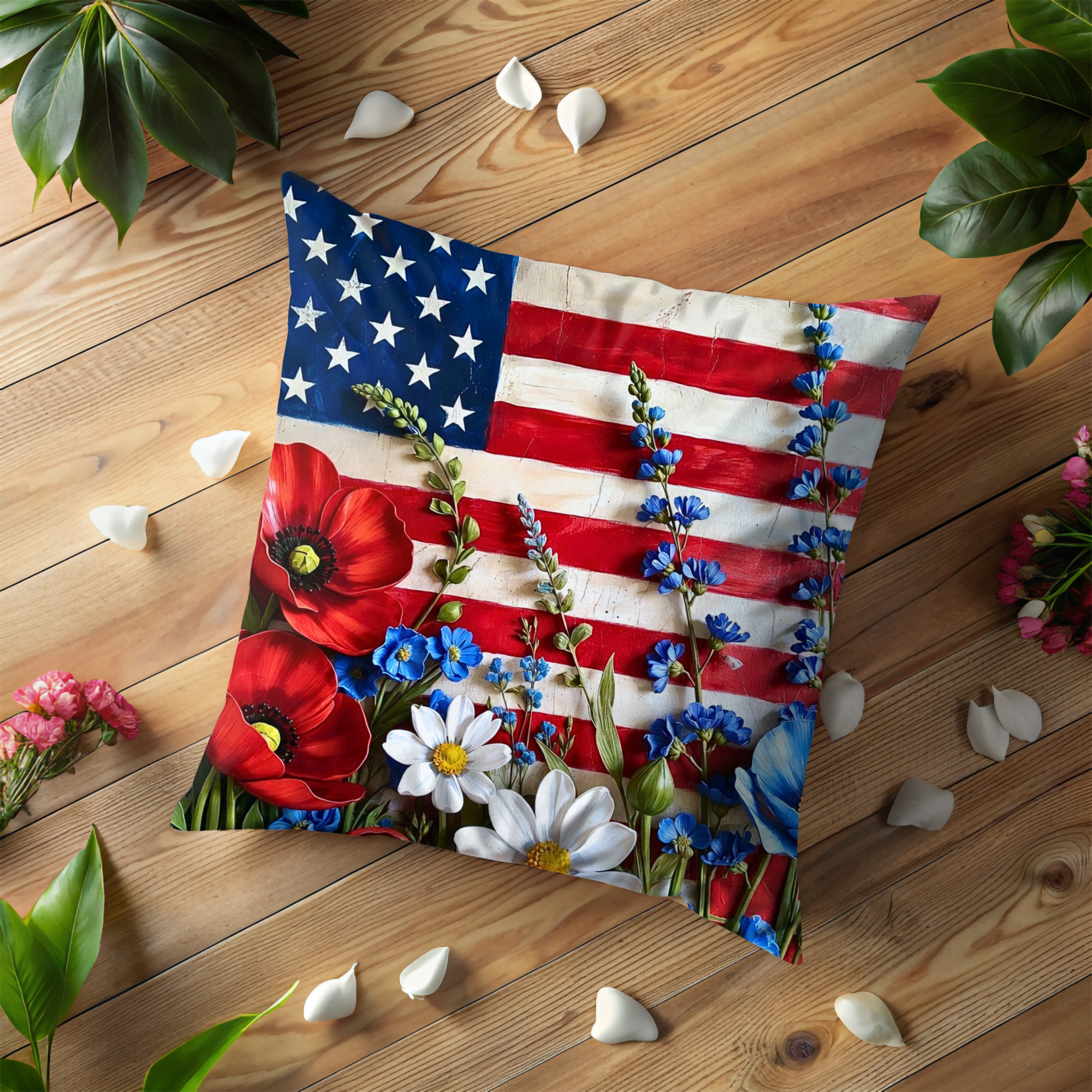 American Flag Flowers Pillow Cover | Patriotic Floral Art | Bold Decor