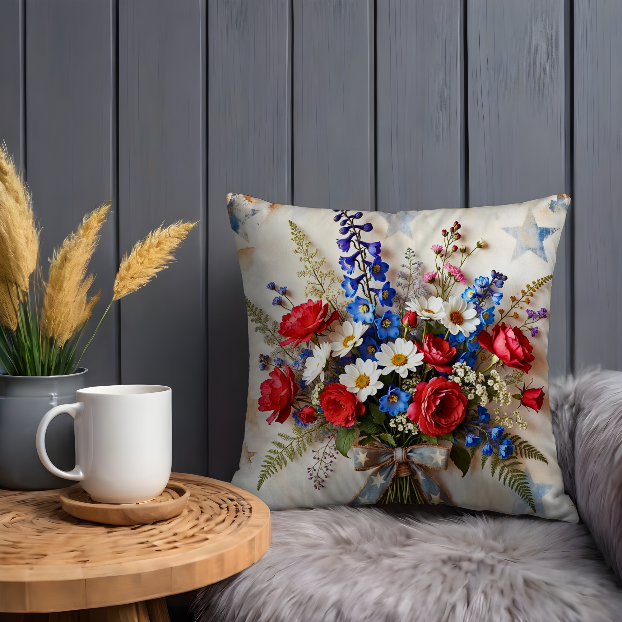 Patriotic Flower Bouquet Pillow Cover | Red White Blue Floral Art | Elegant Decor