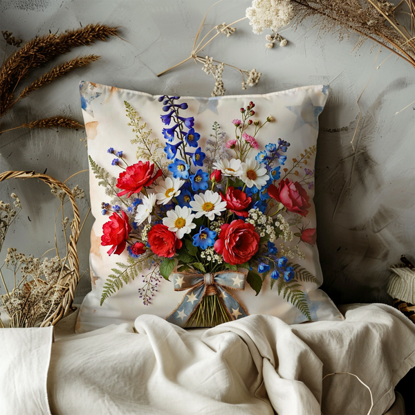 Patriotic Flower Bouquet Pillow Cover – Red White Blue Floral Art | Elegant Decor