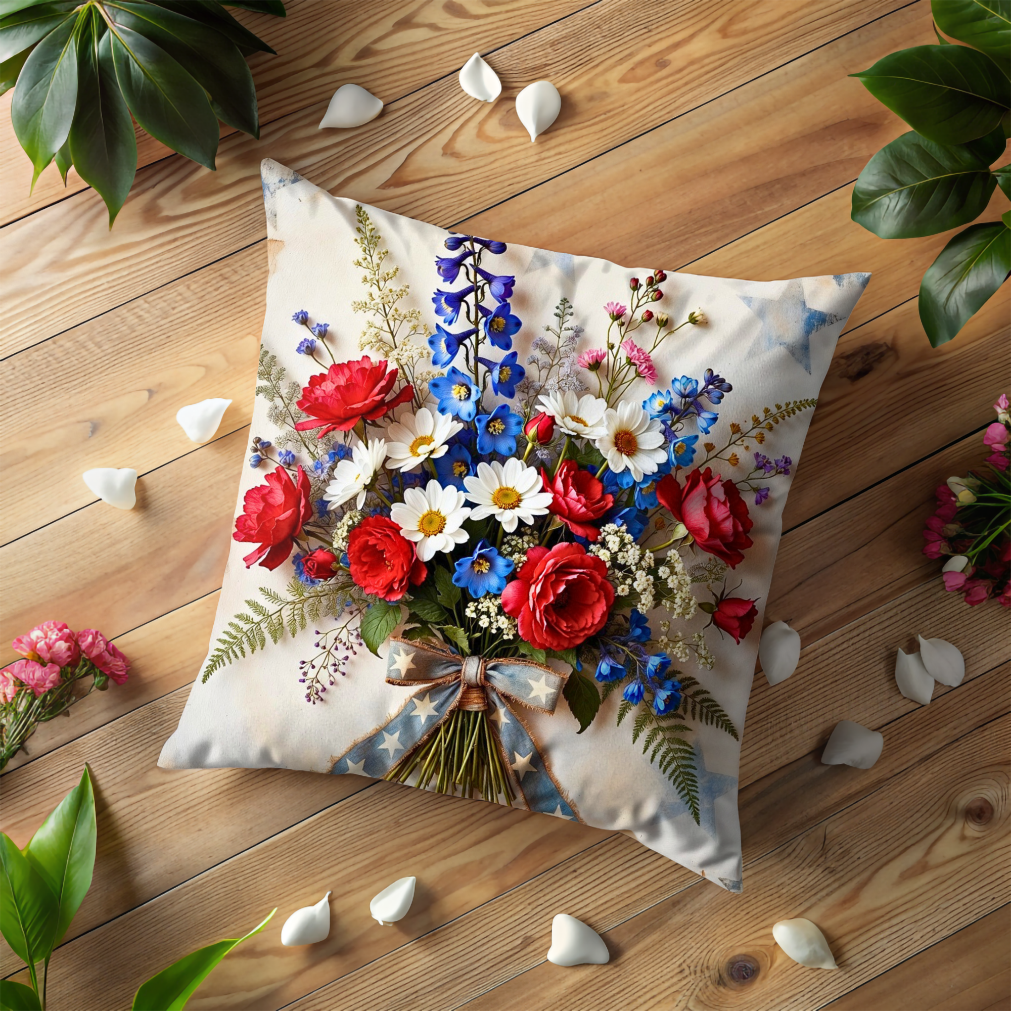 Patriotic Flower Bouquet Pillow Cover | Red White Blue Floral Art | Elegant Decor