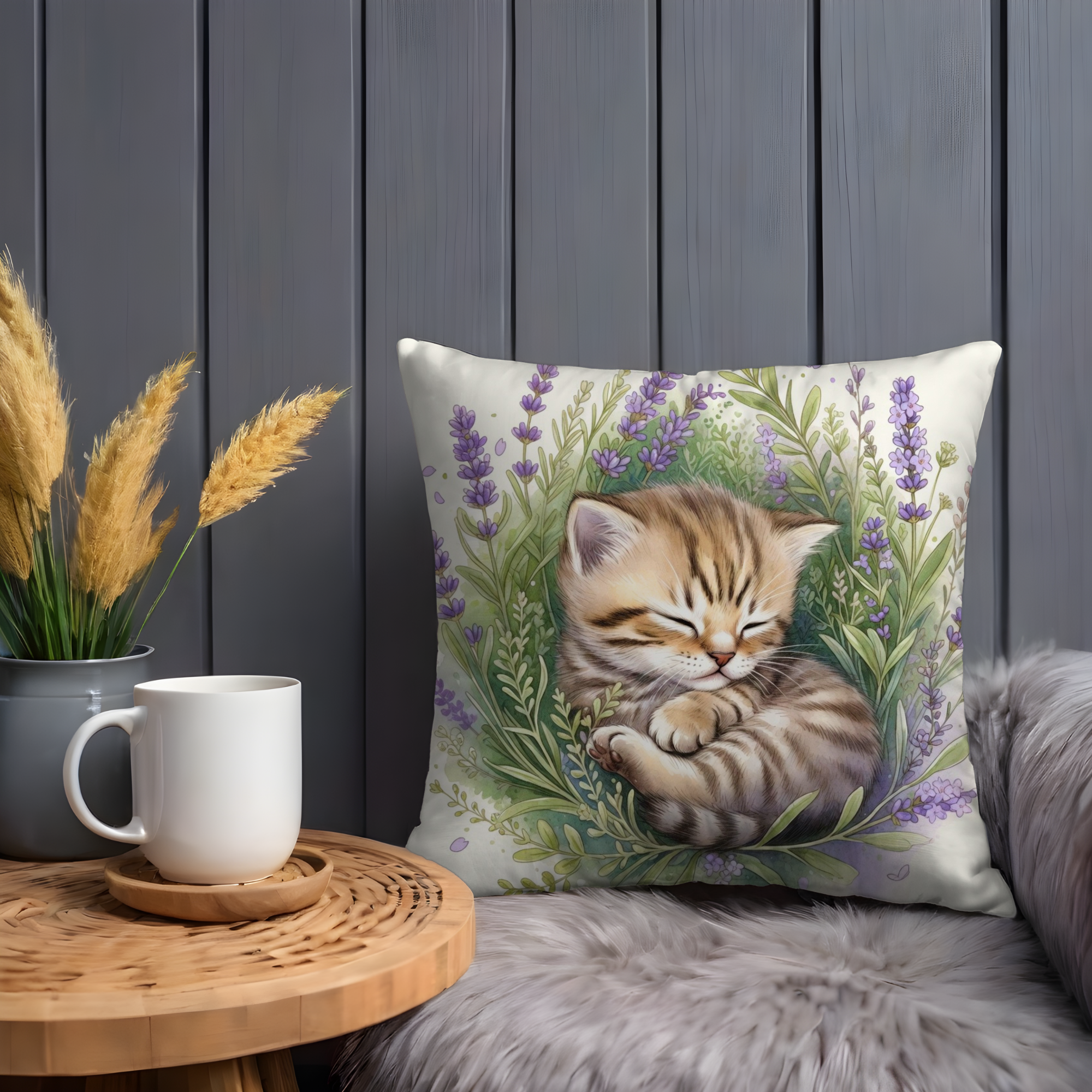 Sleeping Kitten Pillow Cover | Lavender Floral Art | Cottagecore Decor