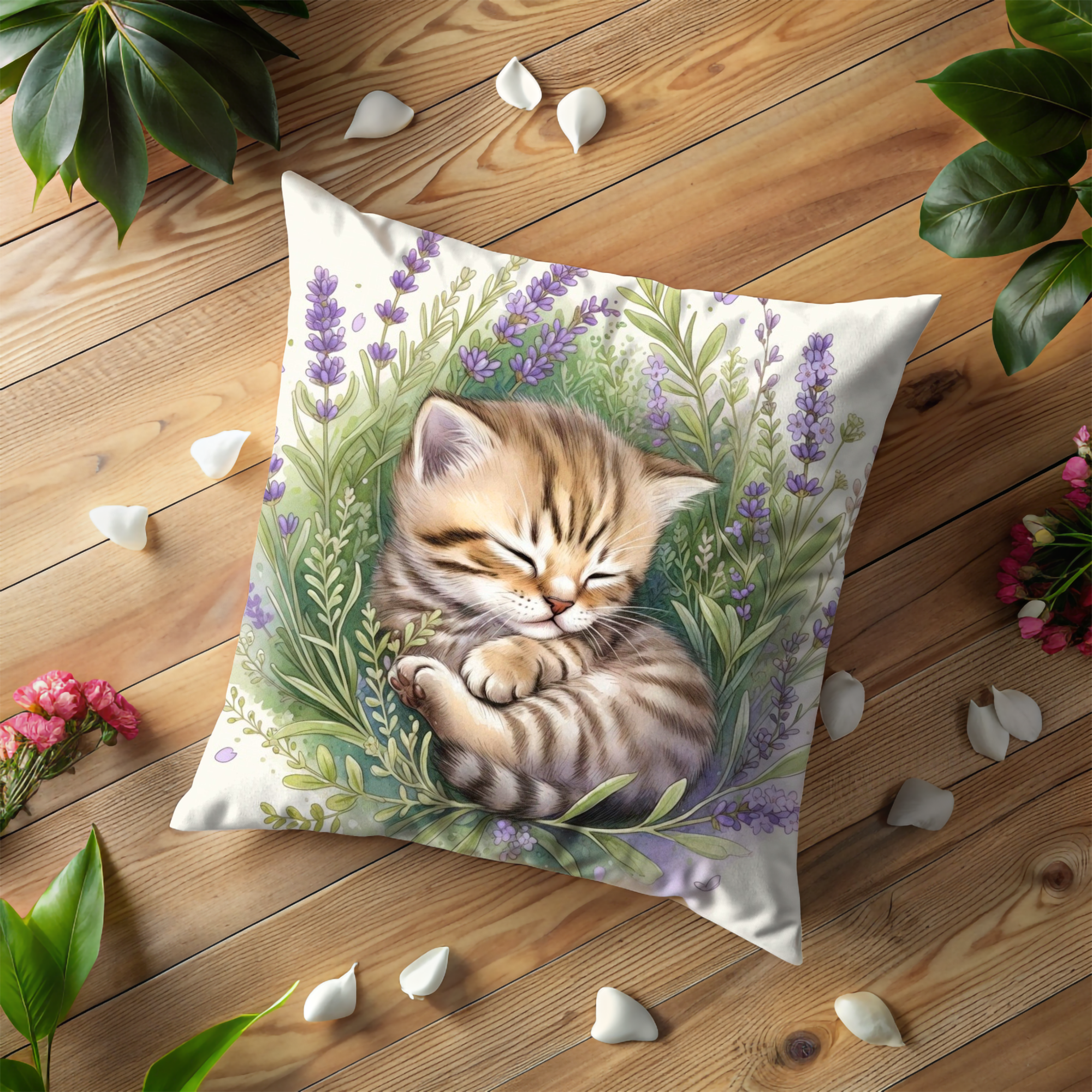 Sleeping Kitten Pillow Cover | Lavender Floral Art | Cottagecore Decor