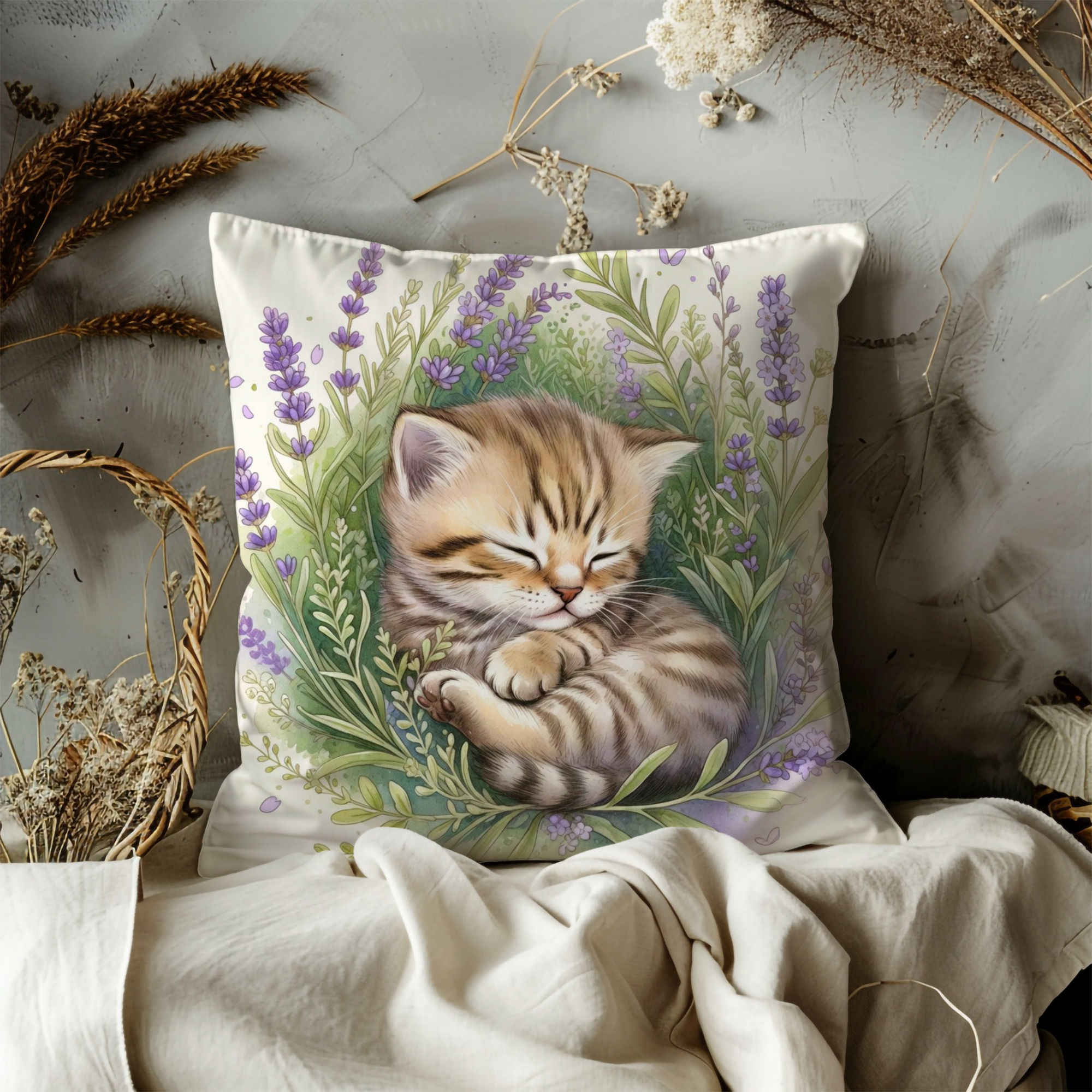 Sleeping Kitten Pillow Cover | Lavender Floral Art | Cottagecore Decor