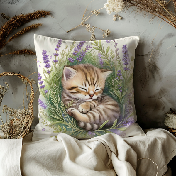 Sleeping Kitten Pillow Cover – Lavender Floral Art | Cottagecore Decor