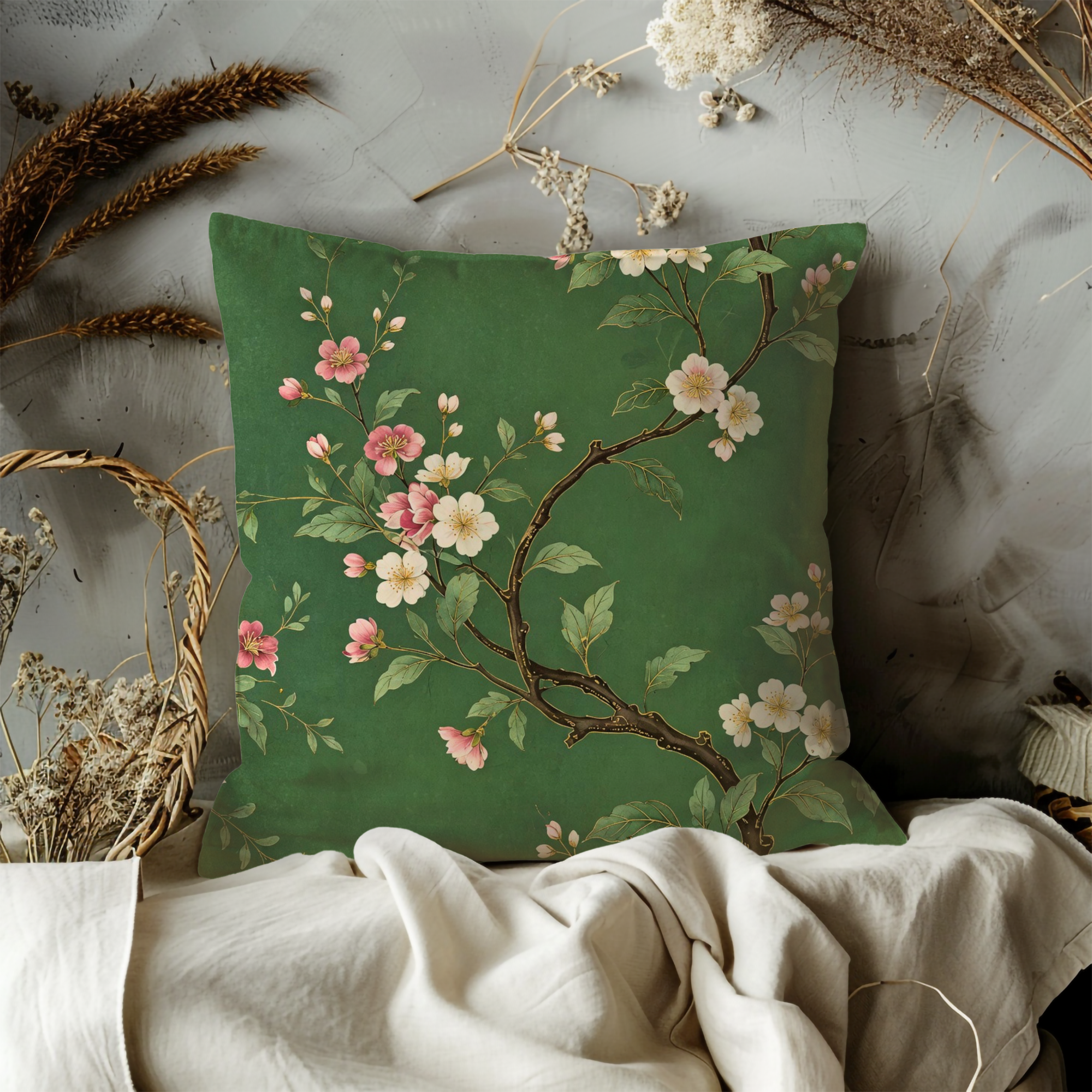 Chinoiserie Blossom Pillow Cover | Elegant Floral Art | Luxe Decor