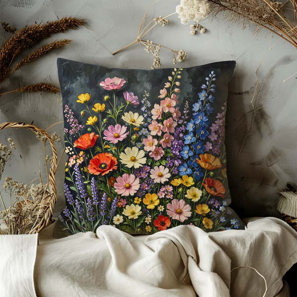 Vibrant Wildflower Bouquet Pillow Cover – Colorful Floral Art | Cottagecore Decor