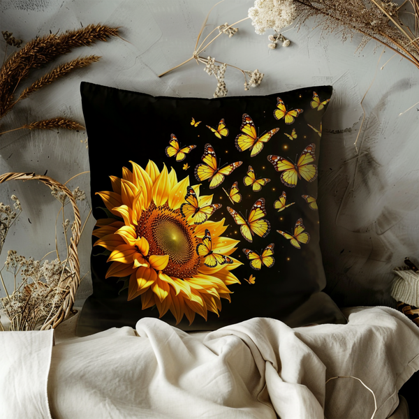 Sunflower Butterfly Pillow Cover – Vibrant Nature Art | Bold Decor