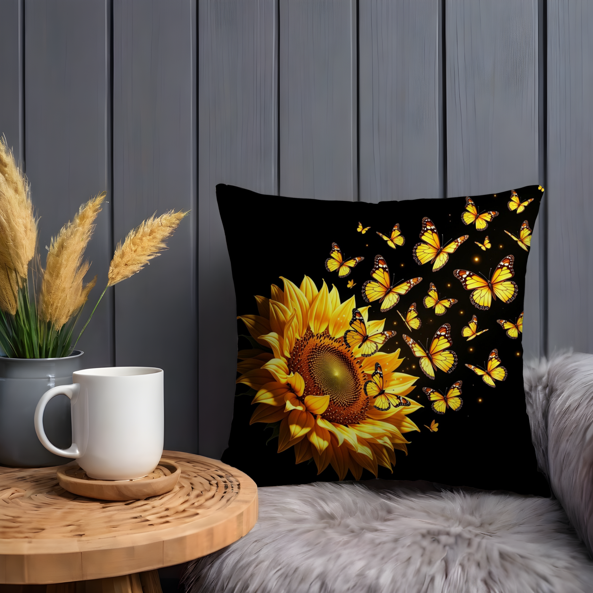 Sunflower Butterfly Pillow Cover | Vibrant Nature Art | Bold Decor