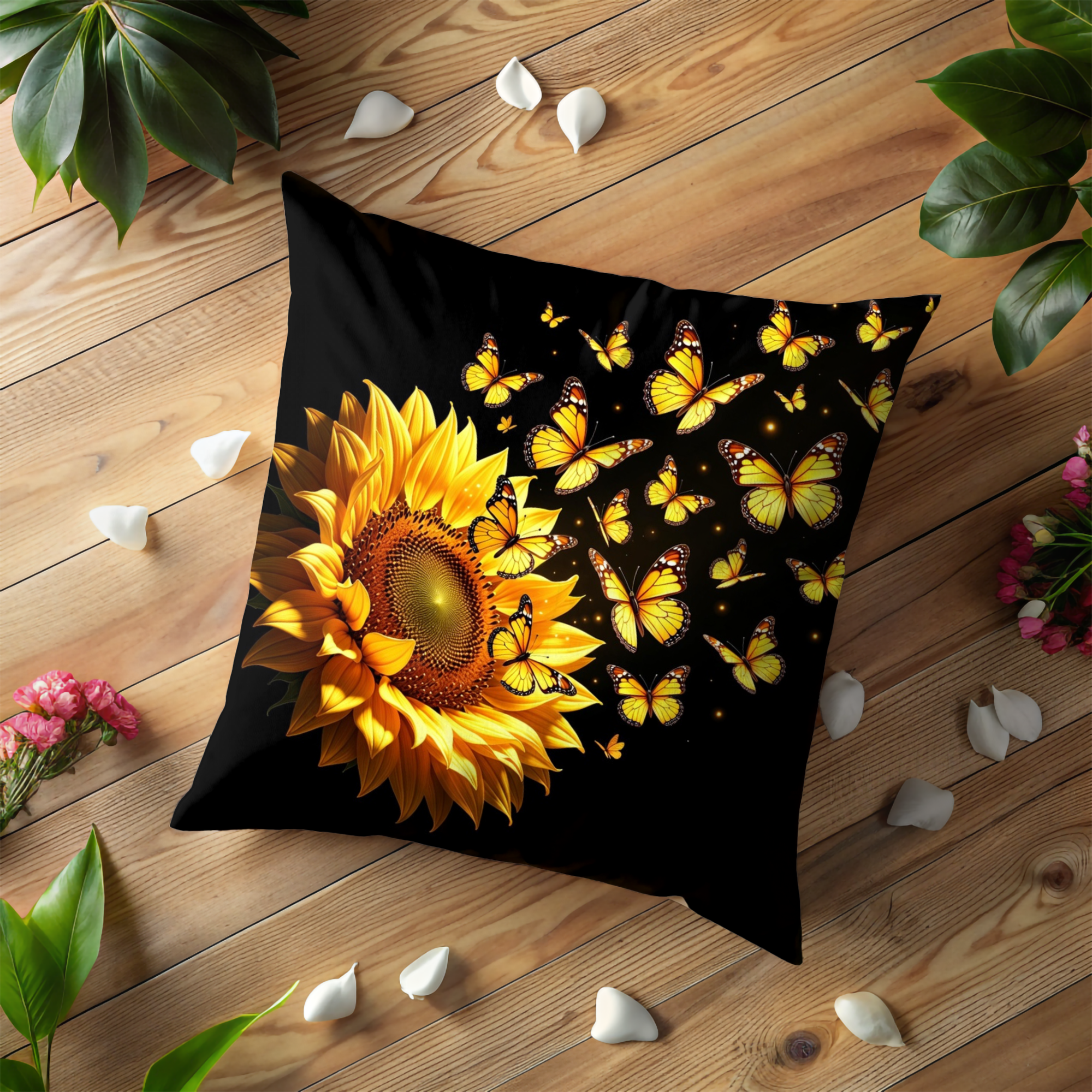 Sunflower Butterfly Pillow Cover | Vibrant Nature Art | Bold Decor