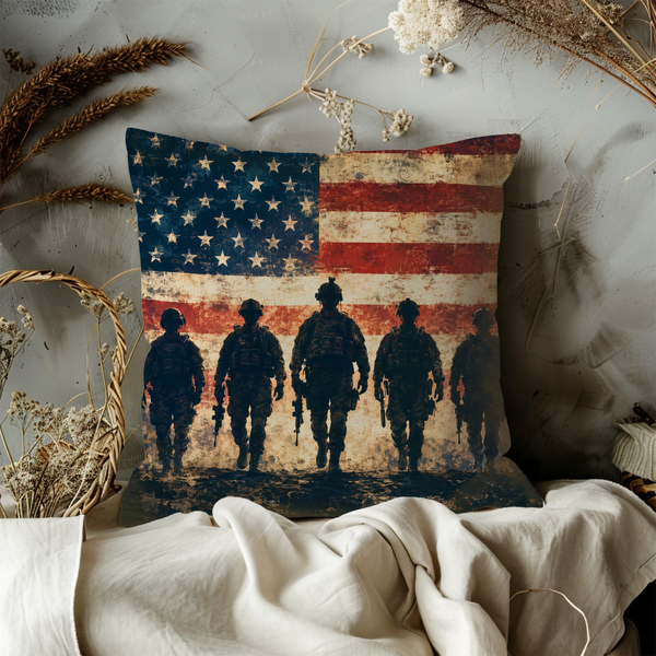 Patriotic Soldiers Pillow Cover – American Flag Art | Rustic Decor