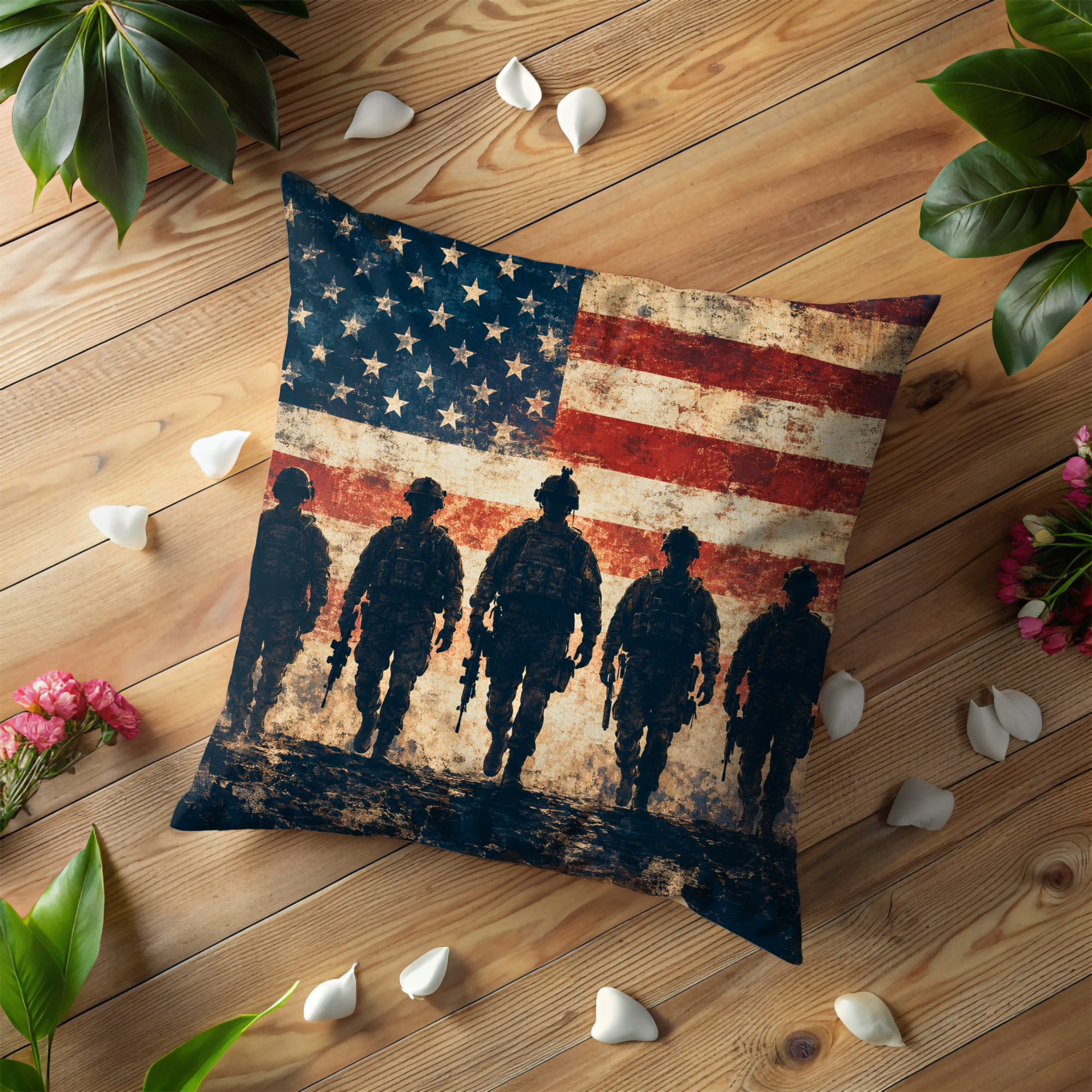 Patriotic Soldiers Pillow Cover | American Flag Art | Rustic Decor