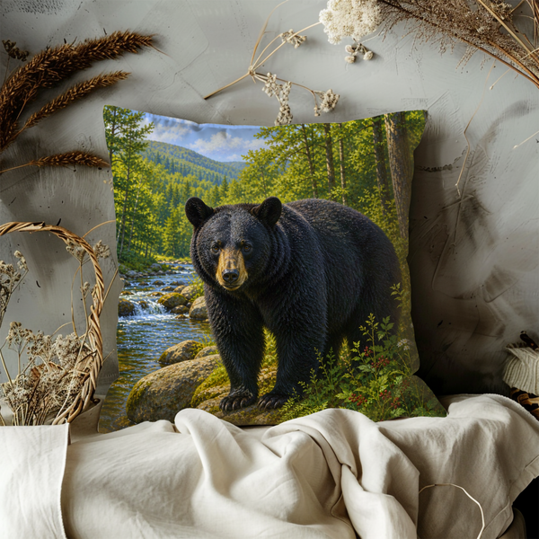 Majestic Black Bear Pillow Cover – Wildlife Forest Art | Nature Decor
