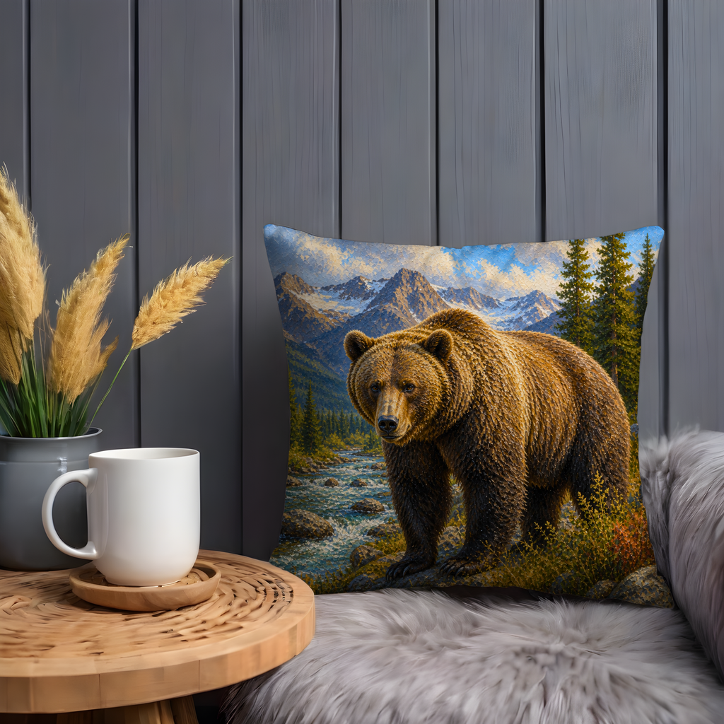 Majestic Bear Pillow Cover | Mountain Landscape Art | Wildlife Decor