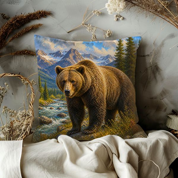 Majestic Bear Pillow Cover – Mountain Landscape Art | Wildlife Decor