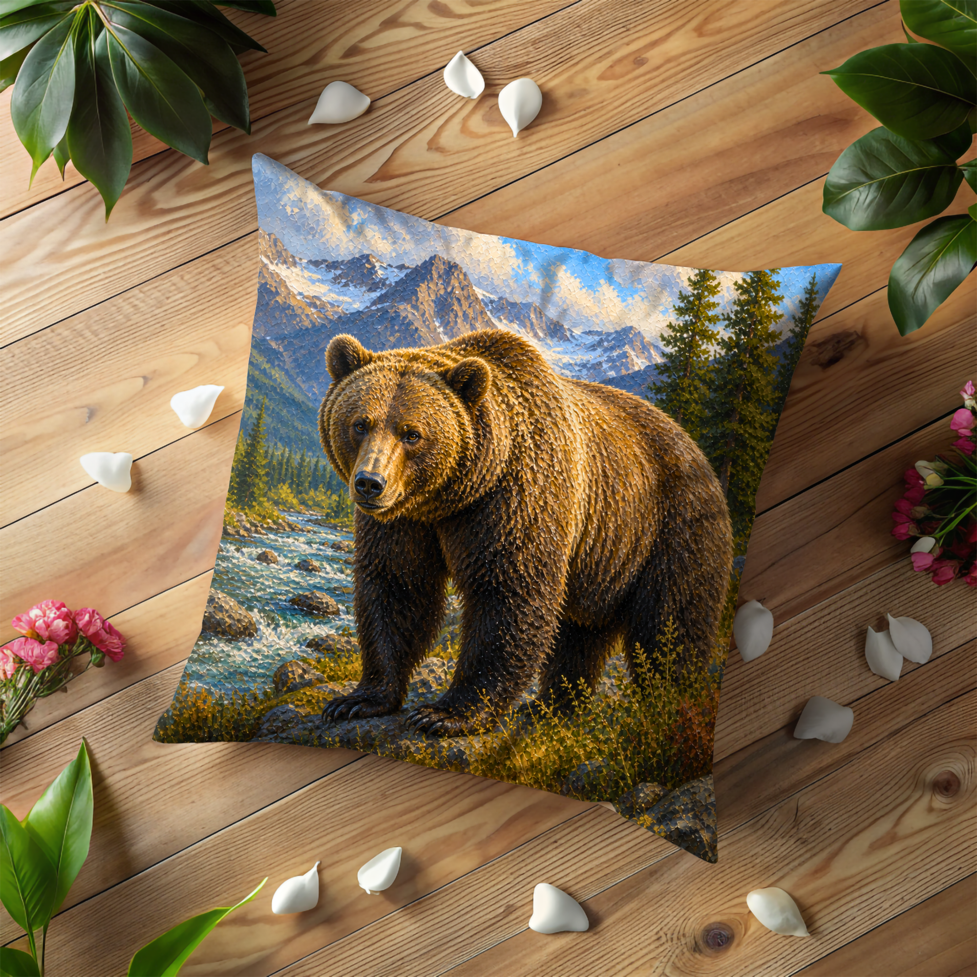 Majestic Bear Pillow Cover | Mountain Landscape Art | Wildlife Decor