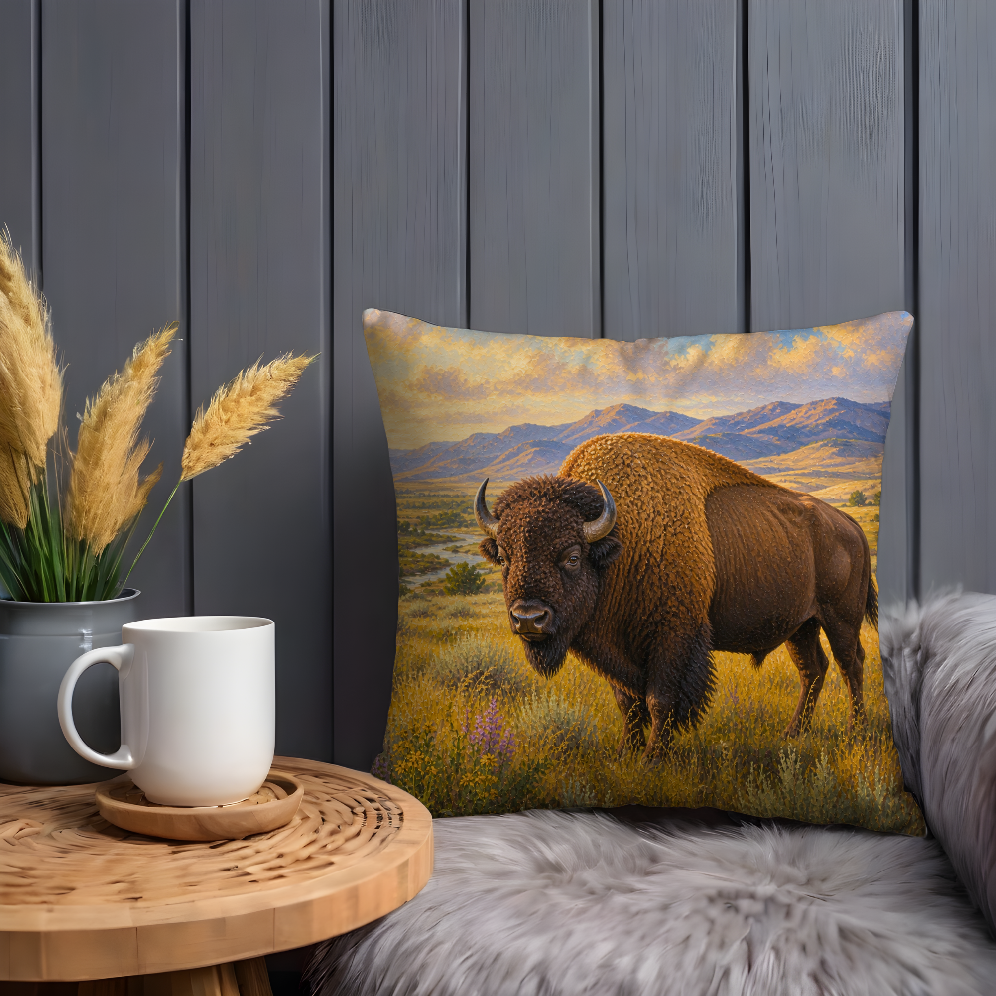 Majestic Bison Pillow Cover | Prairie Landscape Art | Wildlife Decor