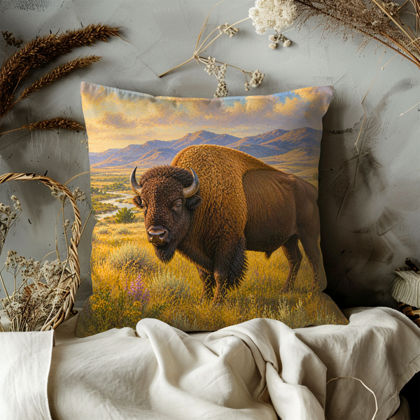 Majestic Bison Pillow Cover – Prairie Landscape Art | Wildlife Decor