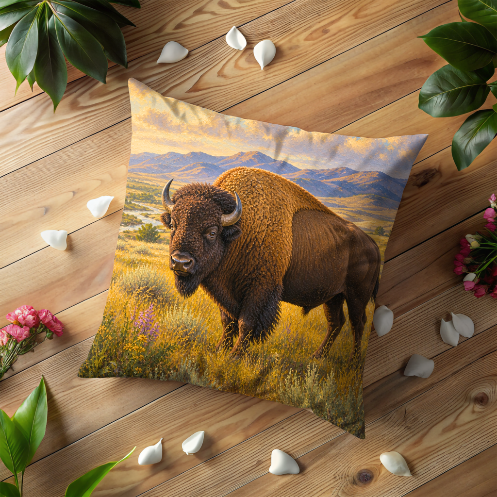 Majestic Bison Pillow Cover | Prairie Landscape Art | Wildlife Decor