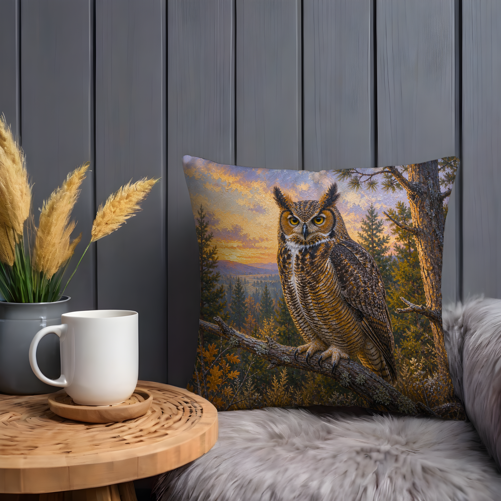 Majestic Owl Pillow Cover | Sunset Forest Art | Wildlife Decor
