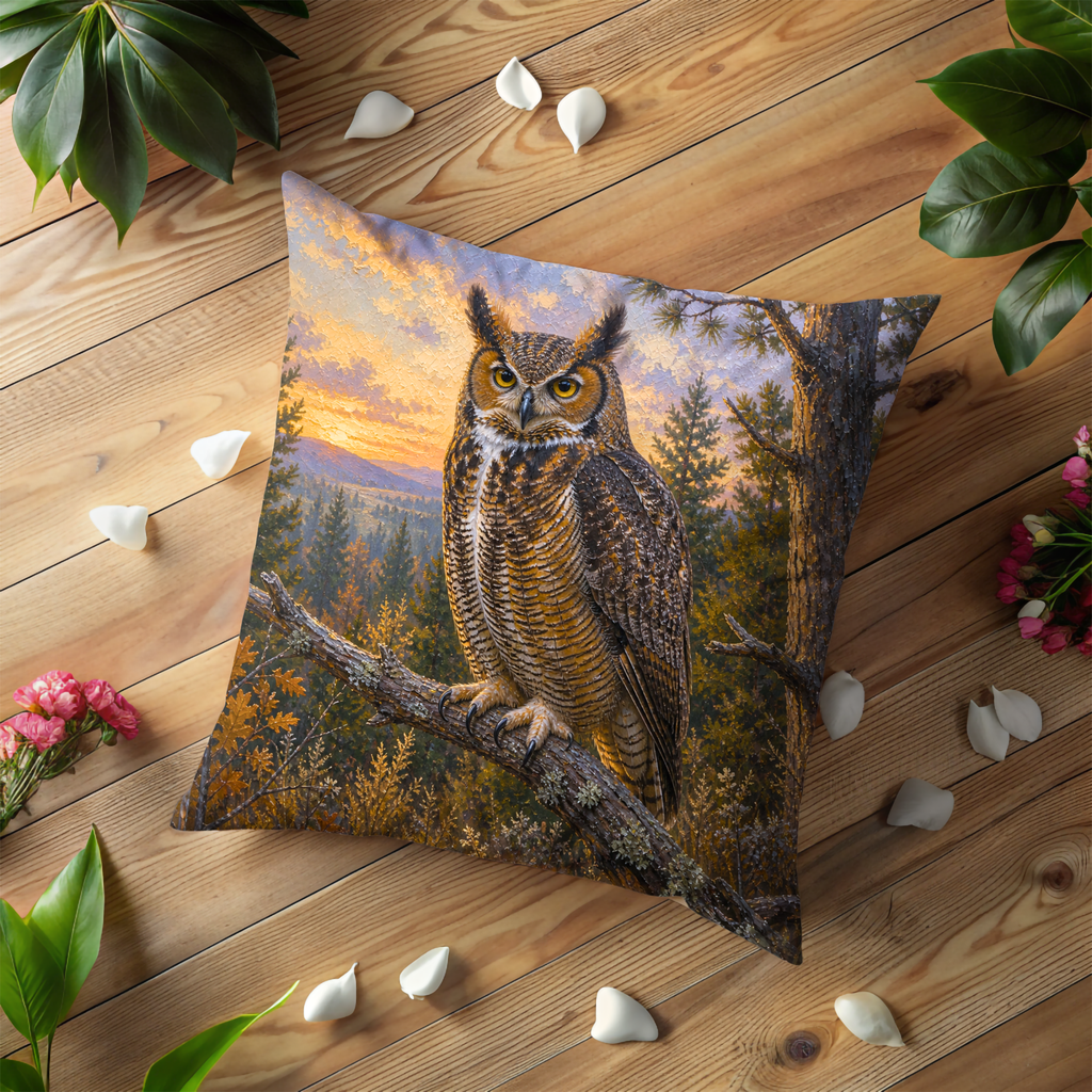 Majestic Owl Pillow Cover | Sunset Forest Art | Wildlife Decor