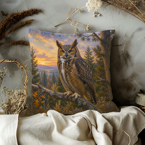 Majestic Owl Pillow Cover – Sunset Forest Art | Wildlife Decor