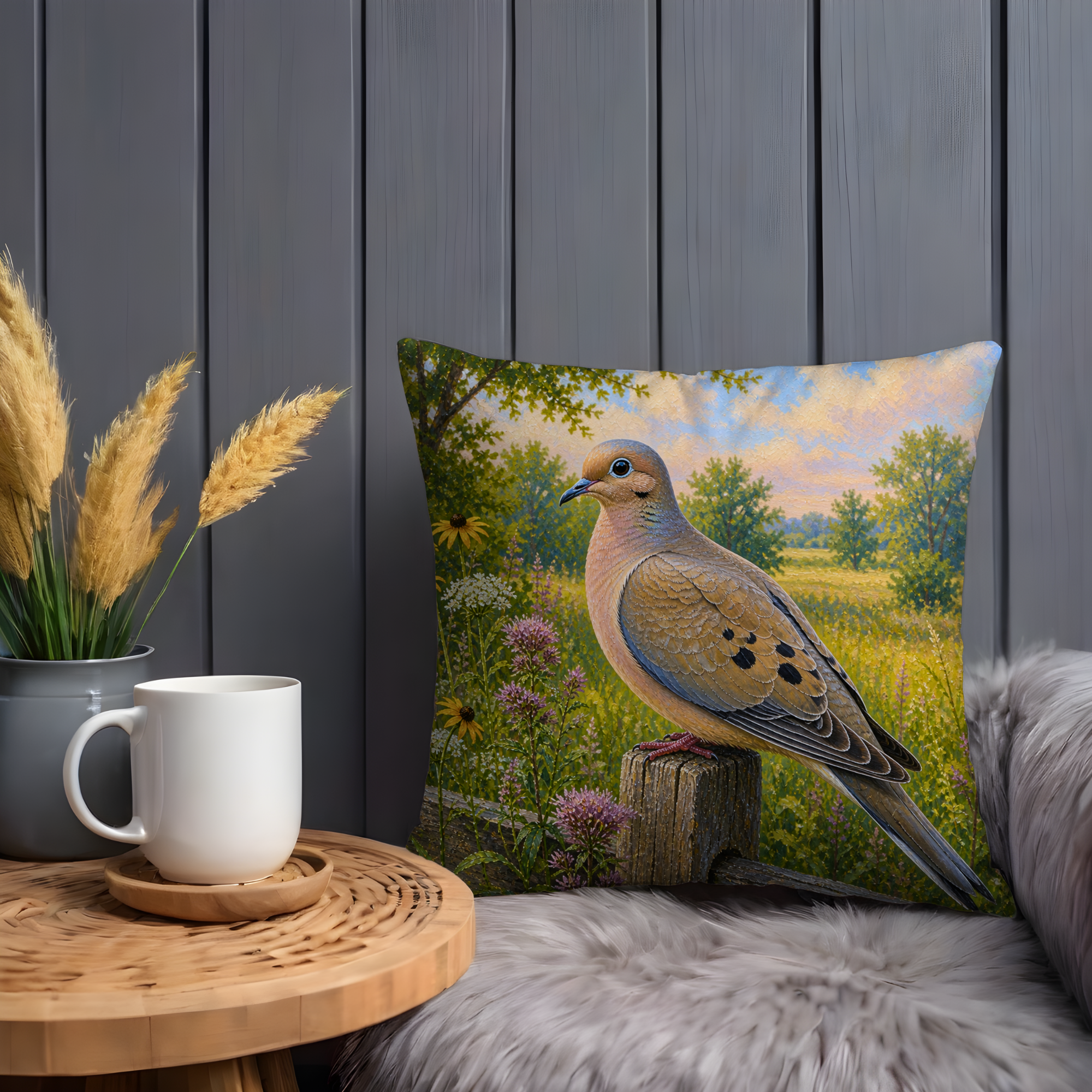 Mourning Dove Pillow Cover | Wildflower Meadow Art | Nature Decor