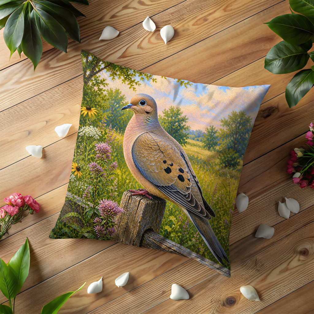 Mourning Dove Pillow Cover | Wildflower Meadow Art | Nature Decor