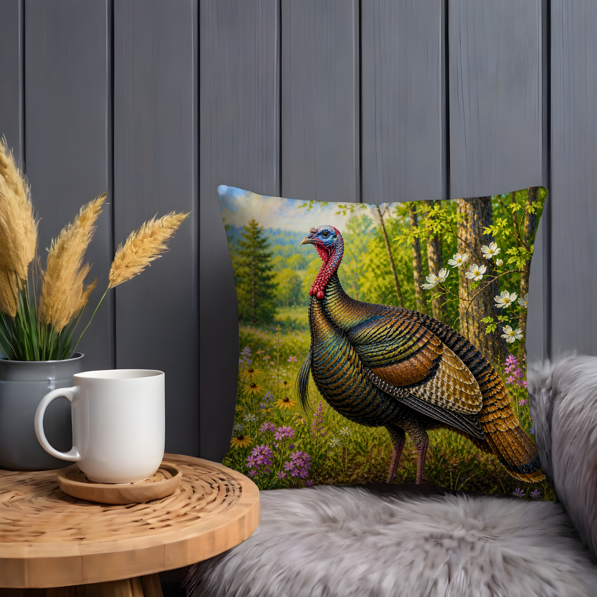 Wild Turkey Pillow Cover | Forest Meadow Art | Wildlife Decor