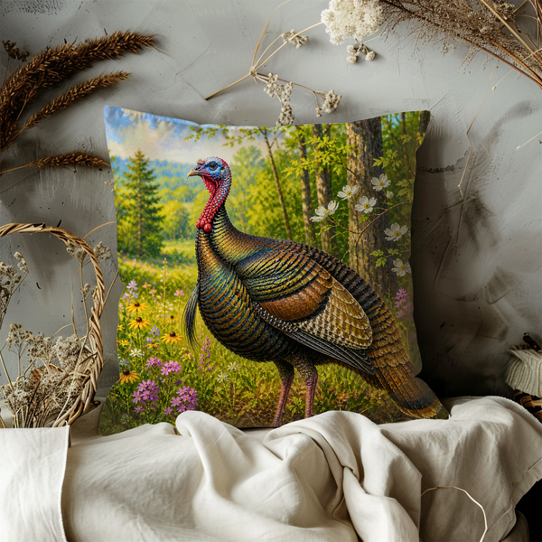Wild Turkey Pillow Cover – Forest Meadow Art | Wildlife Decor