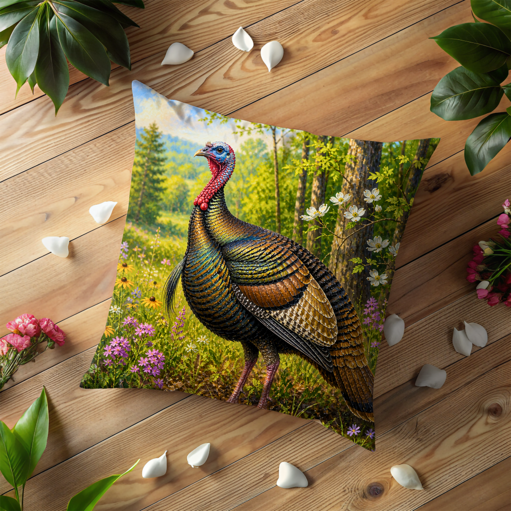 Wild Turkey Pillow Cover | Forest Meadow Art | Wildlife Decor