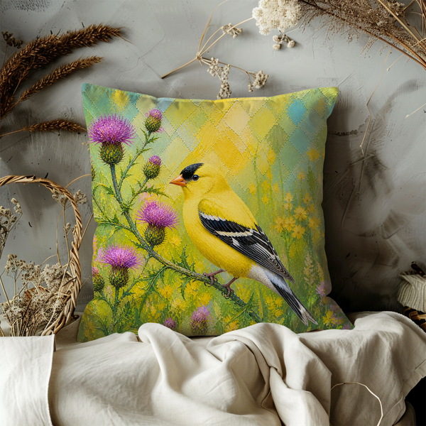 Goldfinch Thistle Pillow Cover – Vibrant Bird Art | Cheerful Nature Decor
