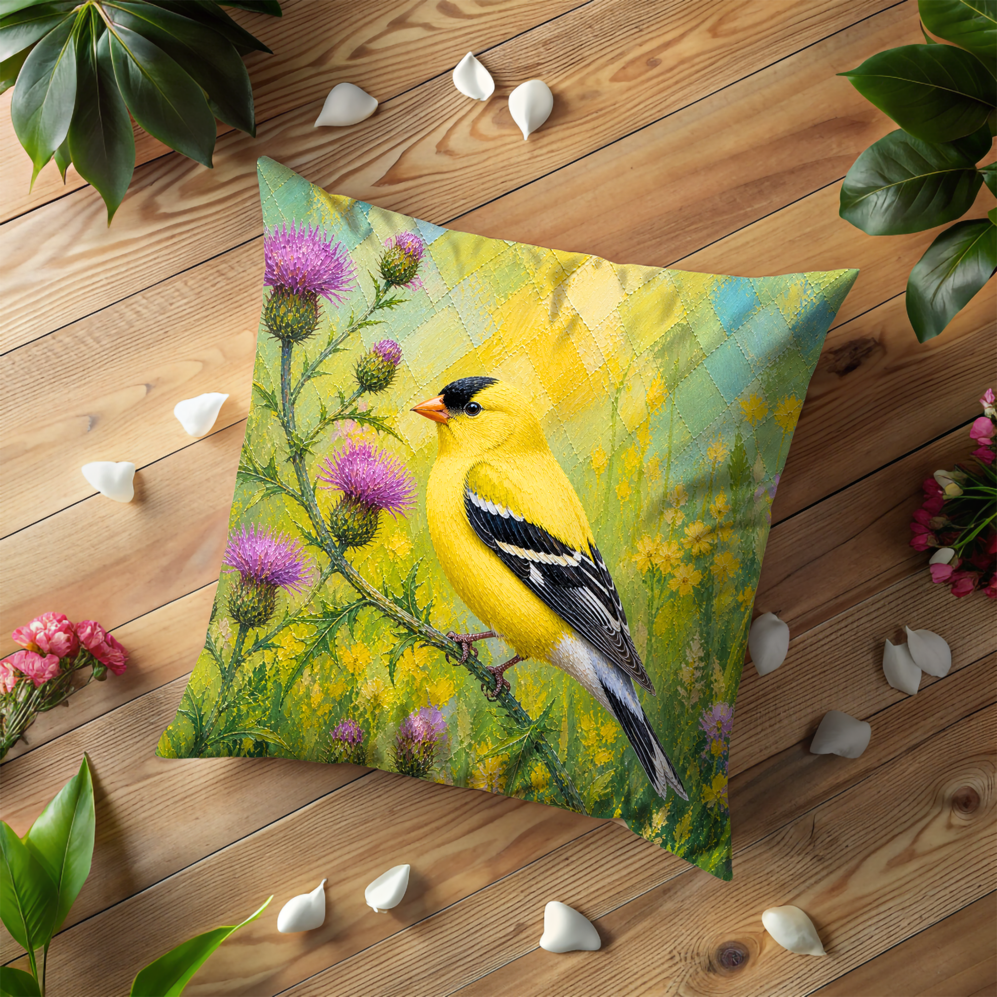Goldfinch Thistle Pillow Cover | Vibrant Bird Art | Cheerful Nature Decor